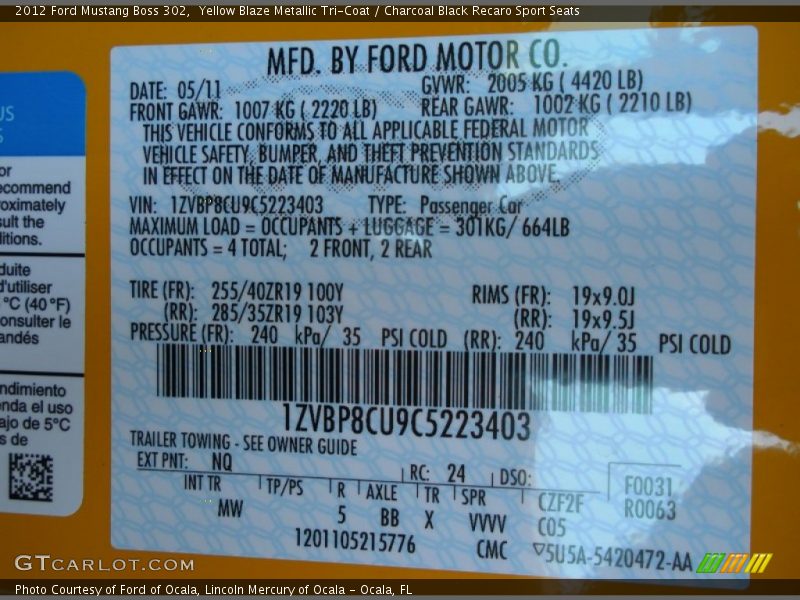 2012 Mustang Boss 302 Yellow Blaze Metallic Tri-Coat Color Code NQ