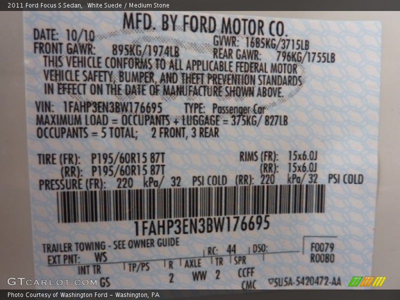 White Suede / Medium Stone 2011 Ford Focus S Sedan