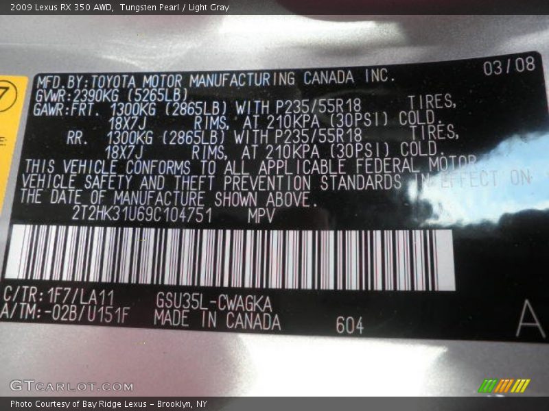 Tungsten Pearl / Light Gray 2009 Lexus RX 350 AWD