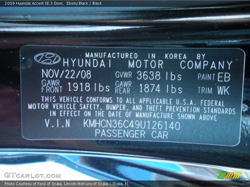 2009 Accent SE 3 Door Ebony Black Color Code EB