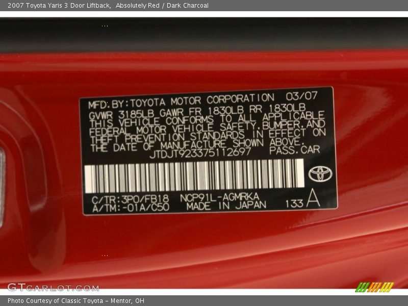 Absolutely Red / Dark Charcoal 2007 Toyota Yaris 3 Door Liftback