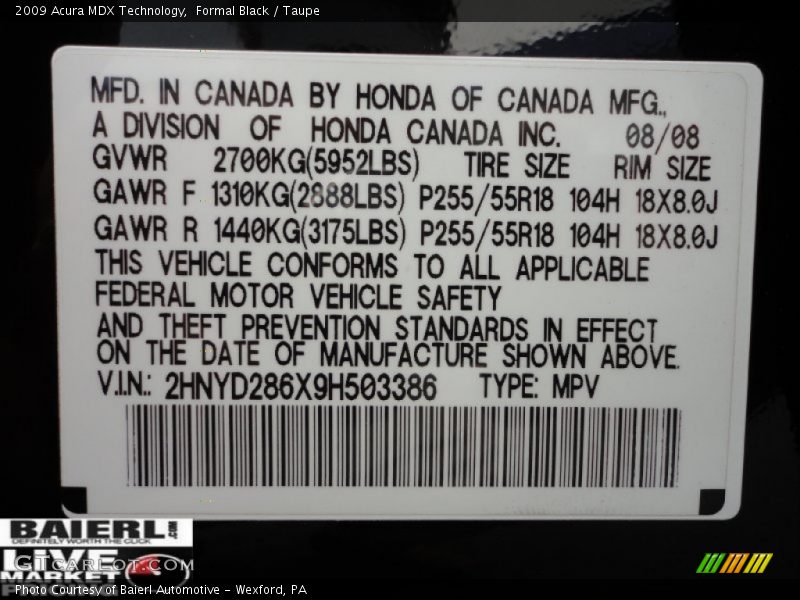 Formal Black / Taupe 2009 Acura MDX Technology