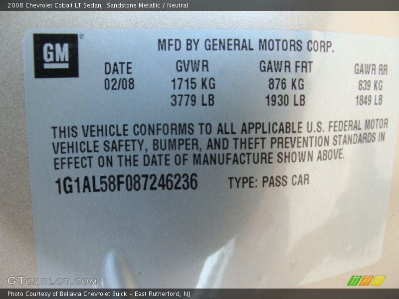 Sandstone Metallic / Neutral 2008 Chevrolet Cobalt LT Sedan