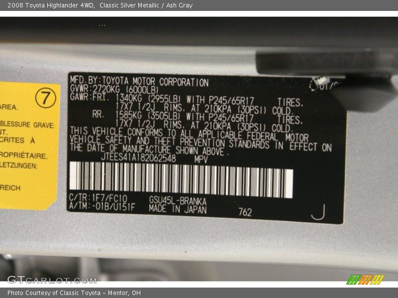 Classic Silver Metallic / Ash Gray 2008 Toyota Highlander 4WD
