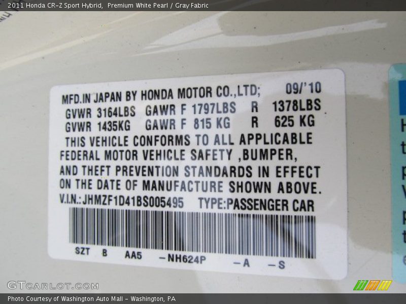 2011 CR-Z Sport Hybrid Premium White Pearl Color Code NH624P