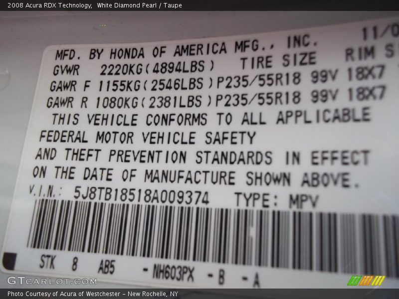 White Diamond Pearl / Taupe 2008 Acura RDX Technology