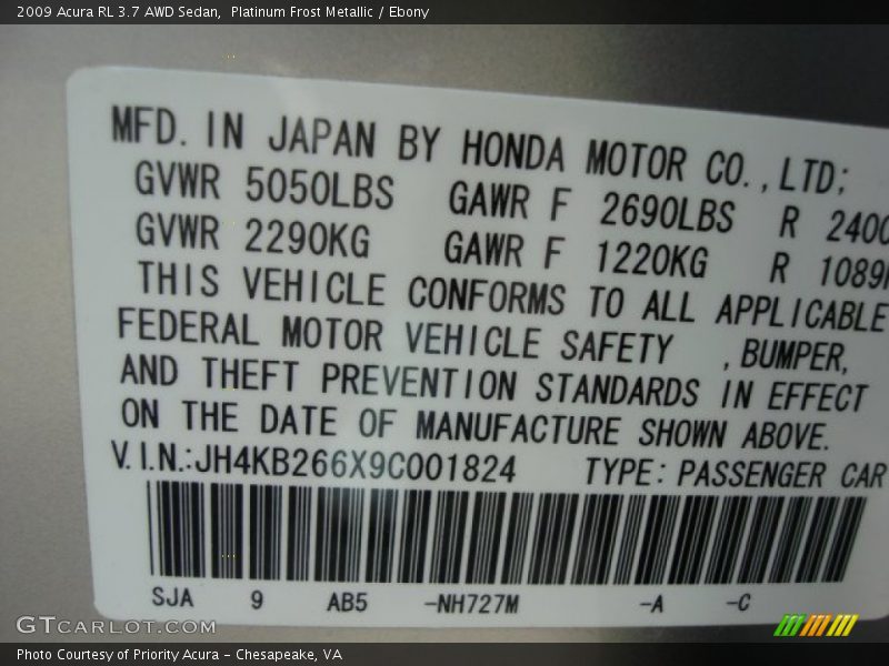 2009 RL 3.7 AWD Sedan Platinum Frost Metallic Color Code NH727M