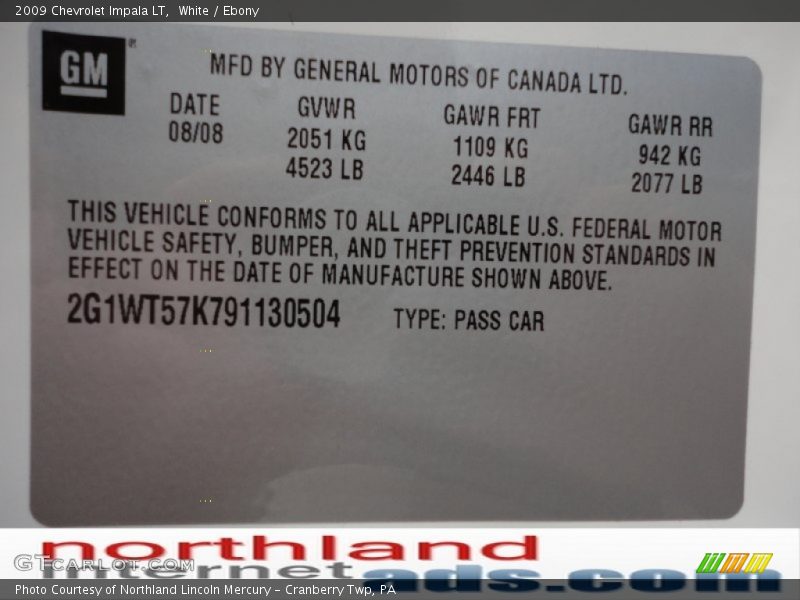 White / Ebony 2009 Chevrolet Impala LT
