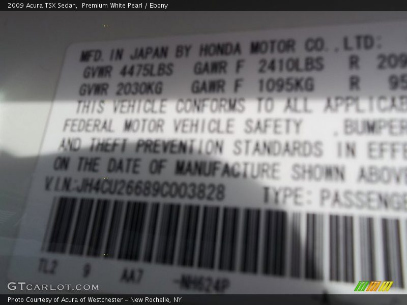 Premium White Pearl / Ebony 2009 Acura TSX Sedan