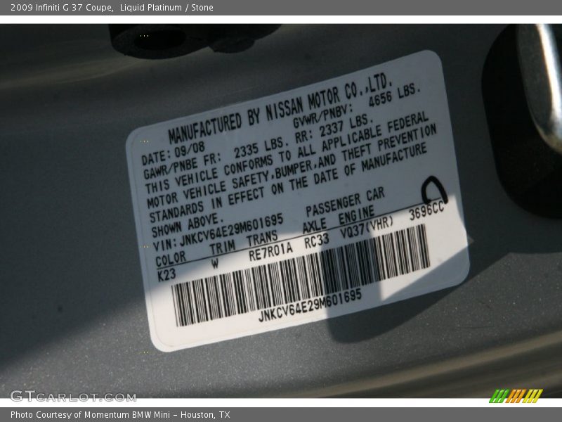 2009 G 37 Coupe Liquid Platinum Color Code K23