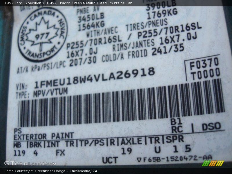 1997 Expedition XLT 4x4 Pacific Green Metallic Color Code PS