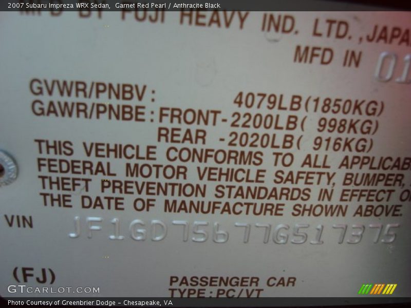 Garnet Red Pearl / Anthracite Black 2007 Subaru Impreza WRX Sedan