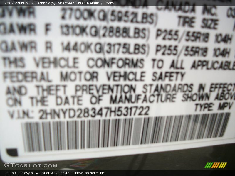 Aberdeen Green Metallic / Ebony 2007 Acura MDX Technology