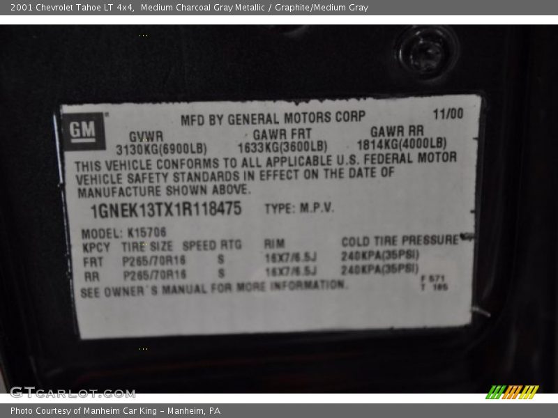 Medium Charcoal Gray Metallic / Graphite/Medium Gray 2001 Chevrolet Tahoe LT 4x4