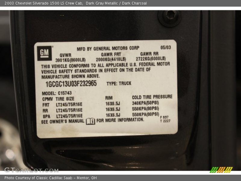 Dark Gray Metallic / Dark Charcoal 2003 Chevrolet Silverado 1500 LS Crew Cab