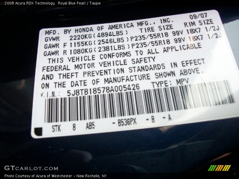 Royal Blue Pearl / Taupe 2008 Acura RDX Technology