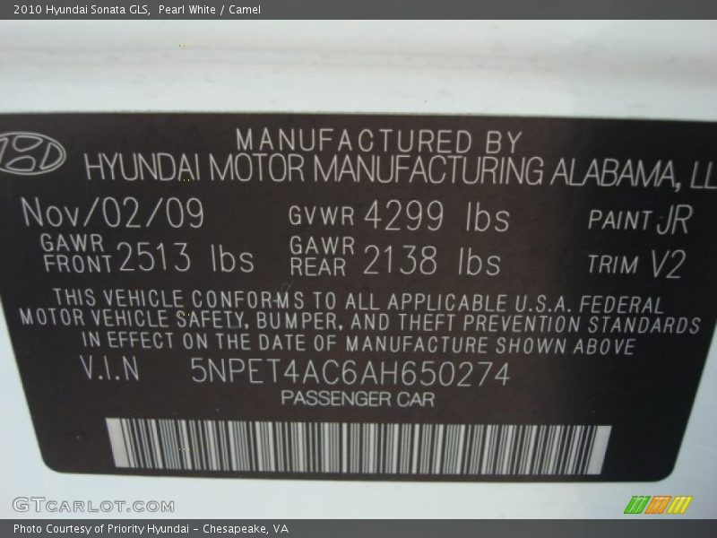 Pearl White / Camel 2010 Hyundai Sonata GLS