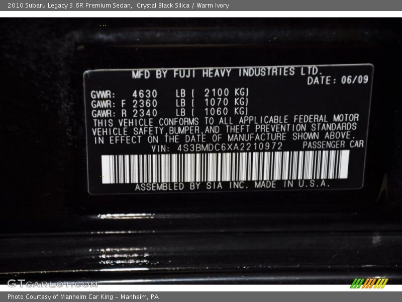 Crystal Black Silica / Warm Ivory 2010 Subaru Legacy 3.6R Premium Sedan