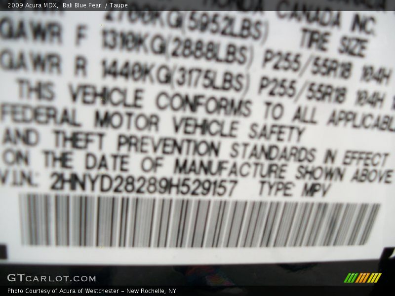 Bali Blue Pearl / Taupe 2009 Acura MDX