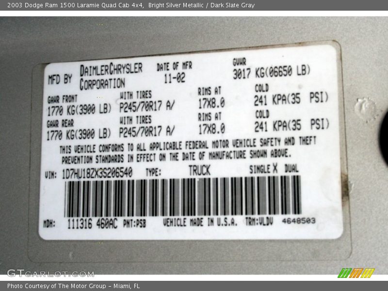 2003 Ram 1500 Laramie Quad Cab 4x4 Bright Silver Metallic Color Code PSB