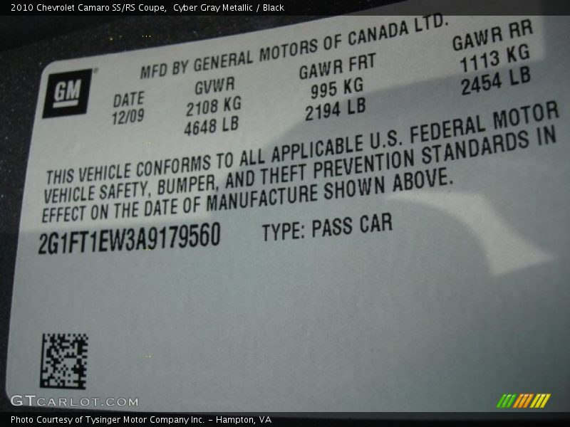 Info Tag of 2010 Camaro SS/RS Coupe