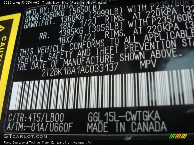 Truffle Brown Mica / Parchment/Brown Walnut 2010 Lexus RX 350 AWD