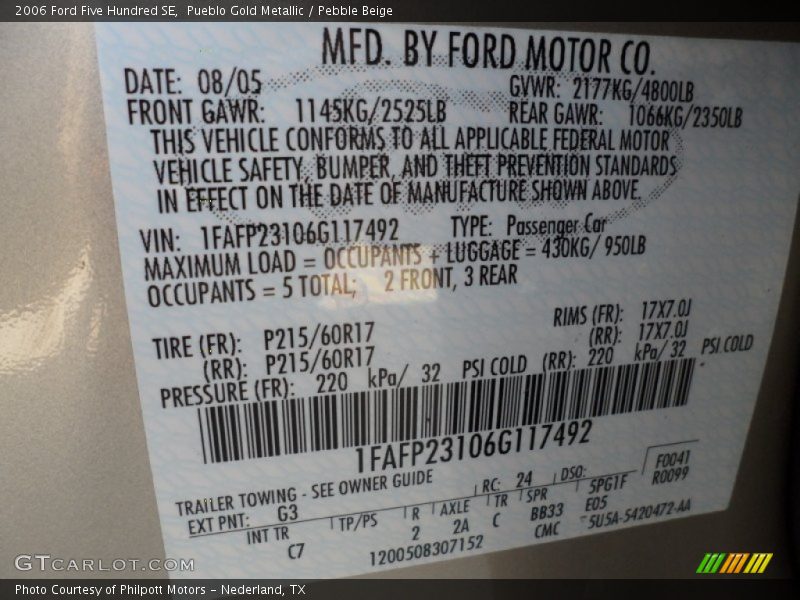 Pueblo Gold Metallic / Pebble Beige 2006 Ford Five Hundred SE