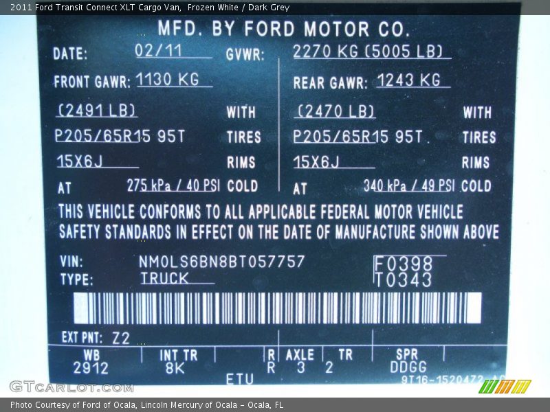 2011 Transit Connect XLT Cargo Van Frozen White Color Code Z2