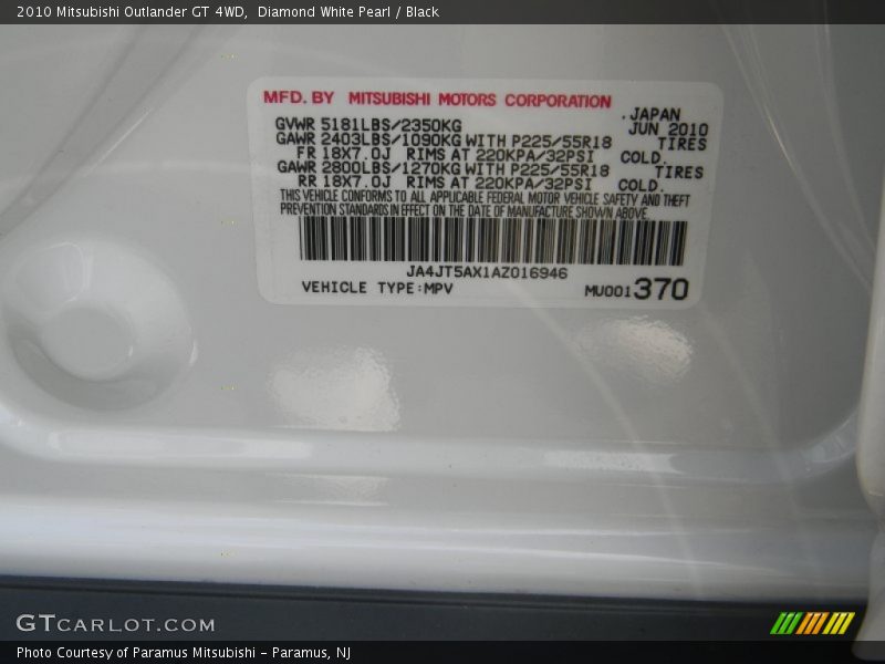 Info Tag of 2010 Outlander GT 4WD
