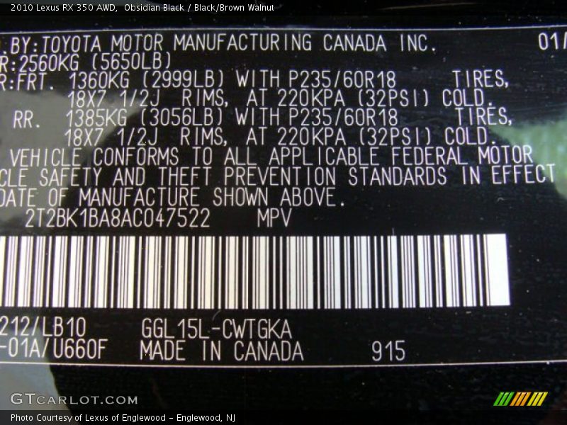 Obsidian Black / Black/Brown Walnut 2010 Lexus RX 350 AWD