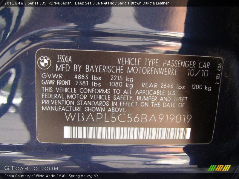 Info Tag of 2011 3 Series 335i xDrive Sedan