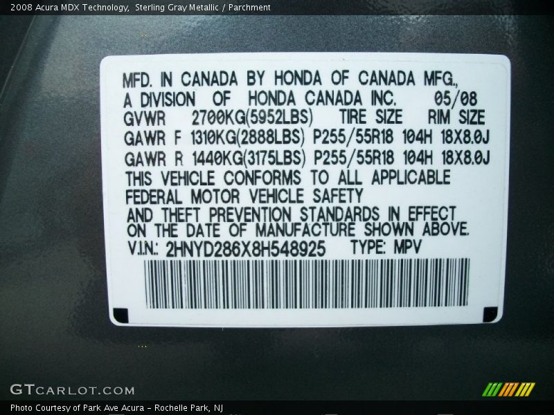 Sterling Gray Metallic / Parchment 2008 Acura MDX Technology