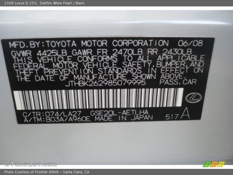Starfire White Pearl / Black 2008 Lexus IS 250