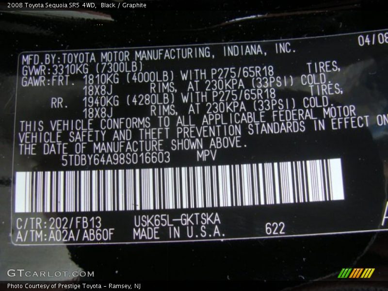 Black / Graphite 2008 Toyota Sequoia SR5 4WD