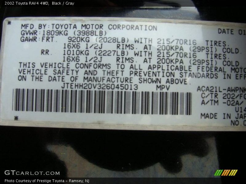 Black / Gray 2002 Toyota RAV4 4WD