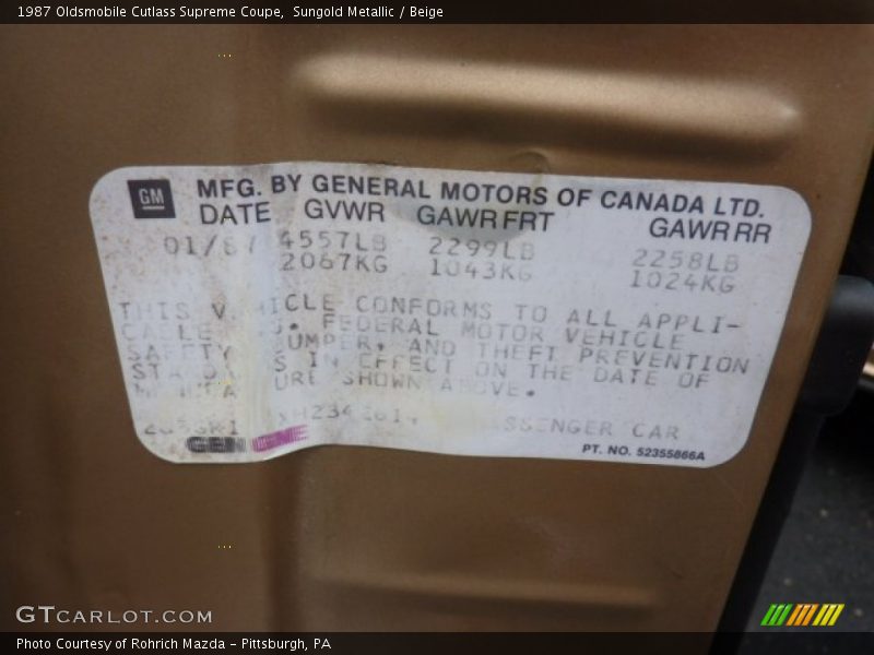 Info Tag of 1987 Cutlass Supreme Coupe