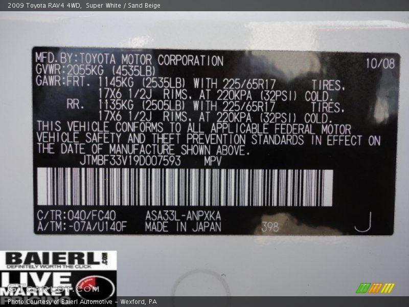 Super White / Sand Beige 2009 Toyota RAV4 4WD