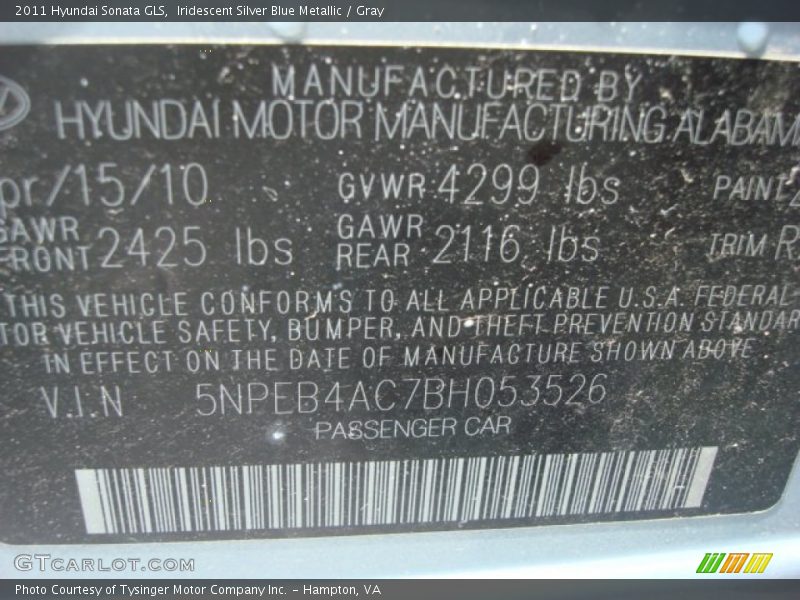 Iridescent Silver Blue Metallic / Gray 2011 Hyundai Sonata GLS