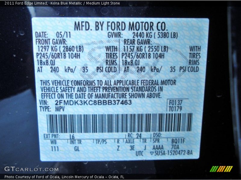 Kona Blue Metallic / Medium Light Stone 2011 Ford Edge Limited