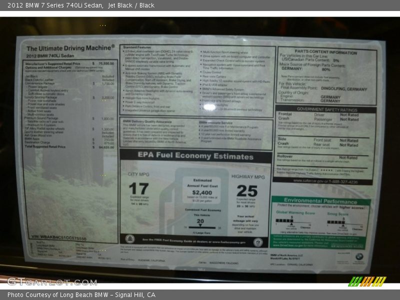 2012 7 Series 740Li Sedan Window Sticker