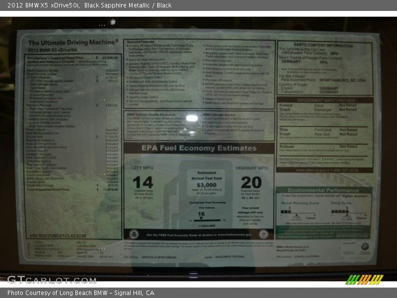  2012 X5 xDrive50i Window Sticker
