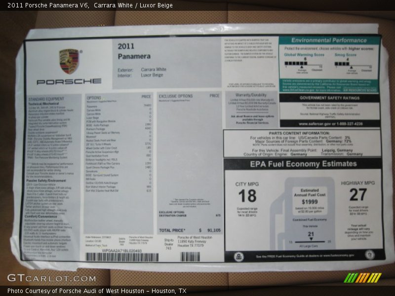  2011 Panamera V6 Window Sticker