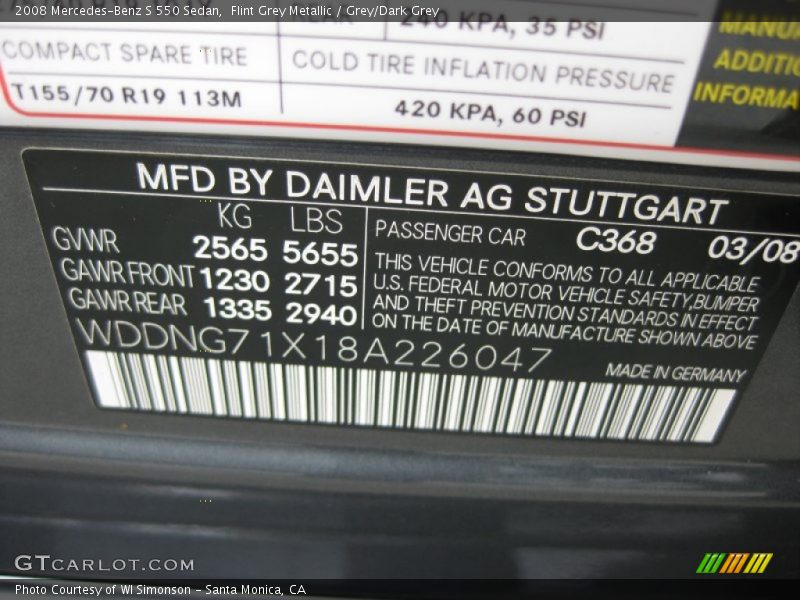Flint Grey Metallic / Grey/Dark Grey 2008 Mercedes-Benz S 550 Sedan