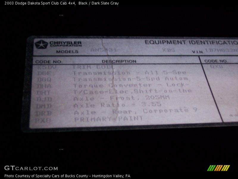 Info Tag of 2003 Dakota Sport Club Cab 4x4