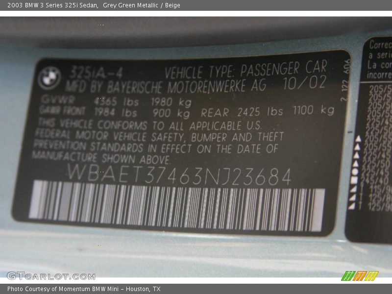 Grey Green Metallic / Beige 2003 BMW 3 Series 325i Sedan