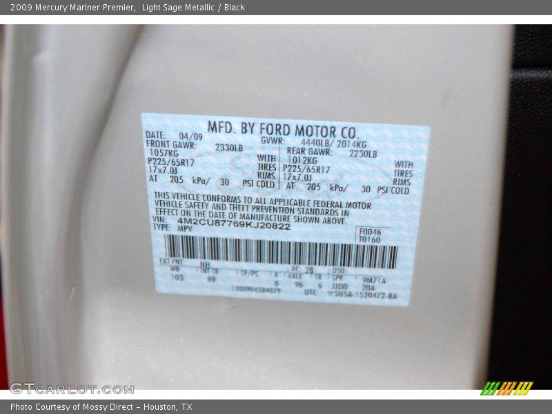 2009 Mariner Premier Light Sage Metallic Color Code NH