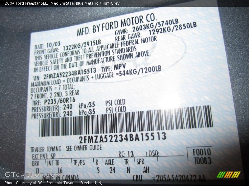 2004 Freestar SEL Medium Steel Blue Metallic Color Code SP