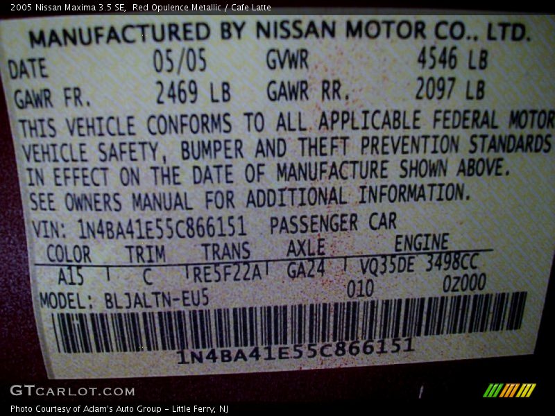 Red Opulence Metallic / Cafe Latte 2005 Nissan Maxima 3.5 SE