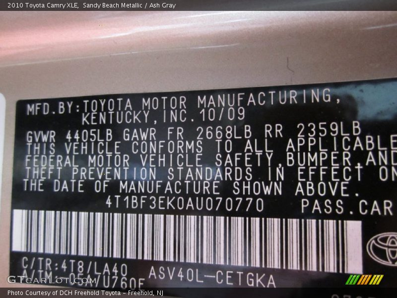 Sandy Beach Metallic / Ash Gray 2010 Toyota Camry XLE