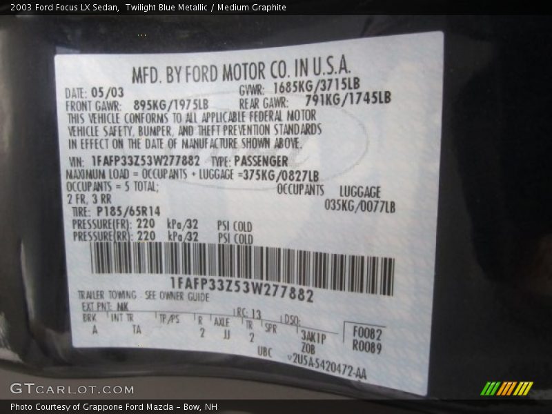 2003 Focus LX Sedan Twilight Blue Metallic Color Code MK